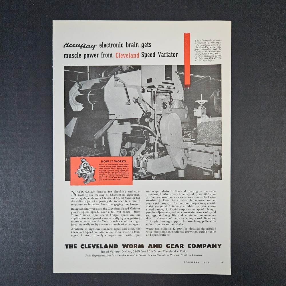 1958 Cleveland OH Worm & Gear Company Vintage Print Ad Accuray Speed Variator
